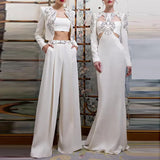 New Fashion Round Neck Heavy Industry Nail Beads Short Jacket Broad Leg Trousers Set Two
