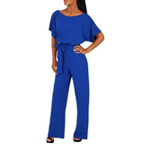 Women Casual Straight Leg Jumpsuit With Belt Female Short Sleeve High Waist Solid Long Playsuit Romper §ܧà§ާҧڧߧ֧٧à§ß