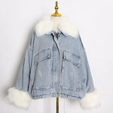 Patchwork Fur Collar Cotton Coat For Women Lapel Long Sleeve Loose Thick Denim Coats Female 2020 Winter New
