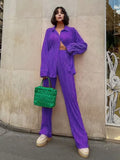 Pleated 2 Piece Women Pants Sets Loose Shirts And Wide Leg Long Pants Suit Ladies Outfits Fashion Office Two