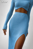 Autumn Sexy Solid Ribbed 2 Two Piece Sets Club Outfit For Women 2023 Long Sleeve O Neck Crop Top And Skirt Sets
