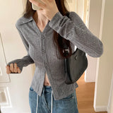 Straightens The Shoulder Knitted Cardigan Jacket, A New Slim, Striped Long-Sleeved Blouse In Early Autumn-Outfit
