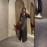 New Women's V-Neck Print Long Sleeve Open Fork Thin Waist