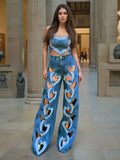 Fashion Trend Design Straight Trousers 2025 Summer New High-Waist Print Love Hollow Broad-Legged Jeans