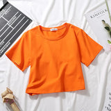 Summer Short Sleeve T Shirts Women Cotton Solid T-shirt O Neck High Waist Crop Top Tee Female Casual Loose T Shirt-Outfit