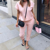 Tracksuits Set Lounge Wear Short Sleeve Tops Long Pants 2pcs Women Sweat Suits Elastic Waist Casual Solid 2020