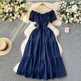 Dress Women's Dress Temperament Gentle Wind The Word Shoulder Bubble Sleeves Waist Shows Thin Fairy Dress Sweet Holiday Dress-Outfit