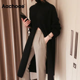 Fashion Knitted Turtleneck Long Sweater Women Front Split Office Solid Pullover Autumn Winter Elegant Jumper