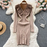 Winter Ruffles Design Knitted Dress V Neck Button Sheath Sweater Dress Fashion Long Sleeve Solid Midi Long