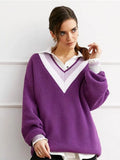 Autumn Women's Striped Knitted Sweater Oversize Thick Warm Loose Jumper Tops Vintage V Neck Ladies Pullover Sweaters