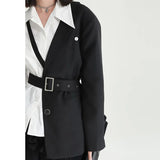 Women Black Belted Irregular Half Blazer New Lapel Long Sleeve Loose Fit Jacket Fashion Tide Spring Autumn 2023