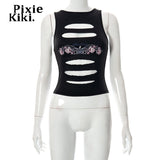 Cyber Y2k Shirt Streetwear Women Top Cut Out Sleeveless Graphic Tees Harajuku 2000s Grunge Crop Tank Tops
