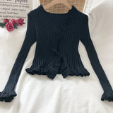 Korean Sweet Summer Cardigans Vintage Office Lady V Neck Flare Long Sleeve Ruffles Sweaters Japanese Knitwear