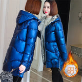 Women Shiny Down Cotton Jacket Winter Jackets Warm Mid Long Cotton Padded Casual Hooded Parkas Overcoat Female Basic