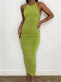 Women Halter Tie-up Backless Long Dress Slim Fit Solid Ruched Summer Party Dress Sleeveless Off Shoulder Vestido 2023-Outfit