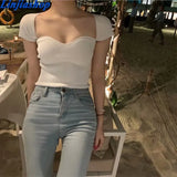 summer women sweater knitted pullover solid short sleeve slim white black korean style femme