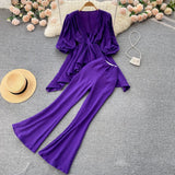 Summer Women 2 Pieces Set Purple/Green/White Elegant V-Neck Puff Short Sleeve Irregular Tops + High Waist Pants Vintage Suit