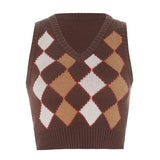 Brown Argyle Vintage Y2K Cropped Sweater Vest Autumn Sleeveless Knit Pullover Preppy Style Casual Plaid Knitwear
