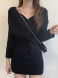 Chic Apricot Woolen Dress for Women Cross V-Neck Elegant Mini Knit Dresses Bodycon Fall Vestido Feminino Winter 2023