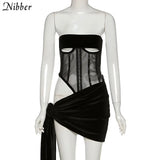 E-Gril Club Women Matching Suits Sleeveless 2021 Hot Party Low Cut See Through Bodysuits + Skirt 2 Two Piece Sets