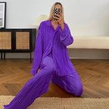 Pleated 2 Piece Women Pants Sets Loose Shirts And Wide Leg Long Pants Suit Ladies Outfits Fashion Office Two