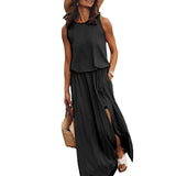 Summer New Women's Rounded Sleeveless Dress Open Multi-Colored Long