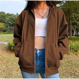 2022 Brown Zip Up Hoodie Sweatshirt Winter Jacket Clothes Oversize Hoodies Women Plus Size Vintage Pockets Long Sleeve