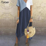 Casual Women Dress Short Sleeve V Neck Geometric Patchwork Irregular Hem Midi Summer Dress Vestidos