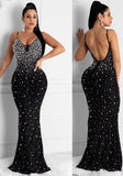 Black Formal Strap Sleeveless Beading Mermaid Backless Evening