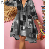 Print A-line Dress Women V-neck Long Sleeve Big Hem Loose Vintage Dress 2022 Elegant Ladies Party