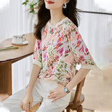 Toloer Shot Round Collar Jacket Women's Short Sleeve 2023 Summer New Thin High-End Hemp Print Temperament Five Sleeve T-Shirt-Outfit