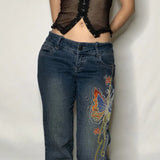Street Style 2023 Women's Wear Butterfly Embroidery Retro Design Low-Waisted Jeans-Outfit