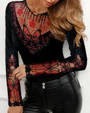 Women Sheer Butterfly Mesh Patchwork Studded Design Long Sleeve