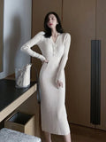 Sexy Long Sleeve V-Neck Knitted Sweater Dress Women Elegant Female Slim One Piece Dresses Korean Office Lady Autumn