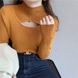 Hollow Out Pullover Women Sweaters Half Turtleneck Long Sleeve Knit Tops Elegant Jumper Autumn and Winter Clothes