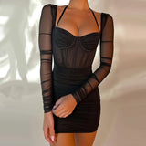 Sheer Mesh Square Collar Halter Corset Mini Dress Women Night Club Party Bodycon Dresses Ruched Vestido