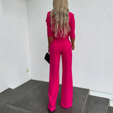 Women Korean Solid Short Tops Two Piece Sets Simple Round Neck Loose Straight Long Pants Set High Waist Ladies Autumn-Outfit