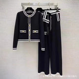 Long-Sleeved Knitted Shirt Coat + Straight Trousers + Vest Three-Piece Set High Quality Women's