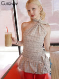 Summer New Dress Set Women Plaid Print Fashion Shirring Tanks Tops+Bow Bandage Pleated Skirts Female Chic Street Outfits-Outfit