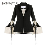 Hollow Out Black Blazer For Women Notched Flare Long Sleeve Lace Up Bowknot Solid Blazers Female Fashion New