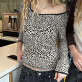 Hot Girls Leopard Print Long-Sleeved T-Shirt Autumn Sweet Big Round Collar Slim Bottomed Blouse-Outfit