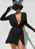 Casual Long Sleeve Plunge Neck Mini