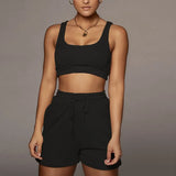 Solid Sportswear 2 Two Piece Sets Women 2021 Crop Top And Drawstring Shorts Matching Suits Summer Athleisure Outfits