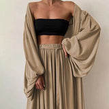Loose Minimalist Three Piece Set For Women Slim Vest Lantern Long Sleeve Coat Wide Leg Pants Casual Sets Female