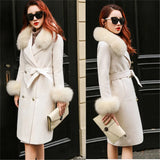 Women Woolen Coat 2019 Winter New Slim Solid Pocket Double-Breasted Big Fur Collar Thick Warm Woolen Coat Female