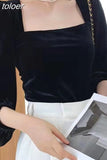 Blusas Mujer De Moda 2023 Vintage Shirts Women Square Collar Puff Sleeve Elegant Blouses Korean Velvet Black Tops