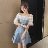 Slim Off Shoulder Short Sleeve Mesh Patchwork Ruffles 2021 New Fashion Front Buttons Lace Women Spaghetti Denim