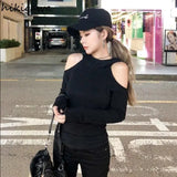 Crop Tops Fashion Hooded Casual Tshirts Women Clothing Long Sleeve Gothic Tees Korean Off Shoulder Sexy Y2k T Shirt-Outfit