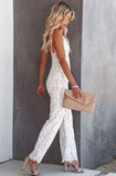White Elegant V-neck Sleeveless Solid Lace Backless Full Length Regular Straps Rompers 425-1-Outfit