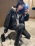VAREY LIN Hooded Leather Jackets New Autumn Women Epaulet Pockets Button Zipper Hoodies PU Leather Moto Biker